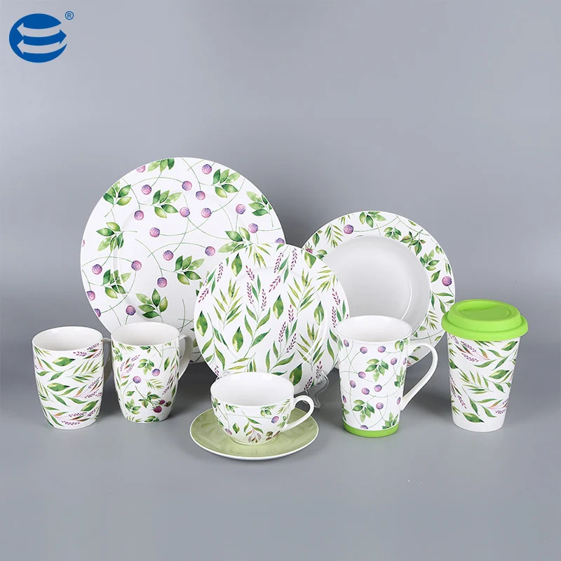Hot Selling Green Plant Hand-painted Dining Room Set Home  Decors Kitchen Ceramic Dinner Set Porcelain Tableware
