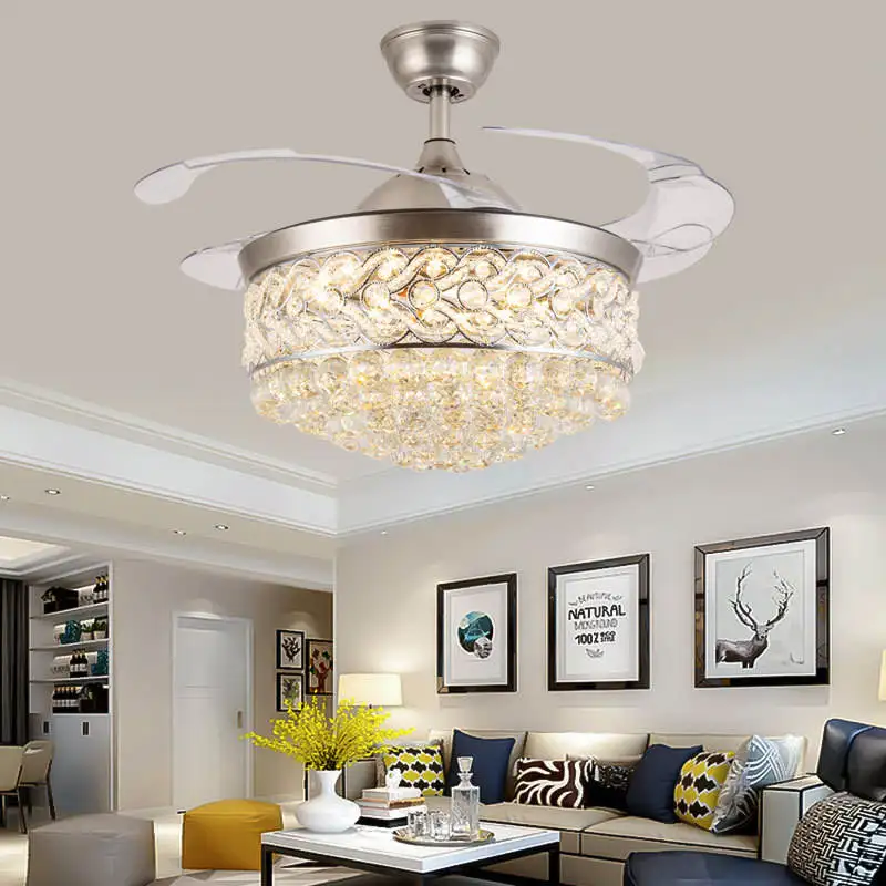 European Style Luxury Invisible Crystal Lamp Hidden Retractable Blades LED Ceiling Fan Light