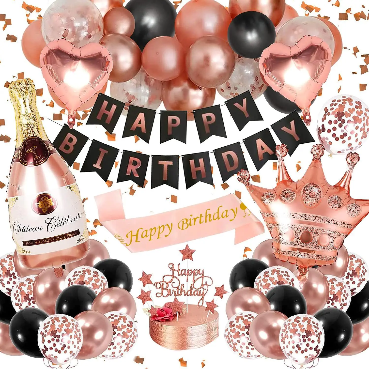 LUCKY Girls Birthday Banner Decoration Balloon Set Rose Gold Black Happy Birthday Party Decoration