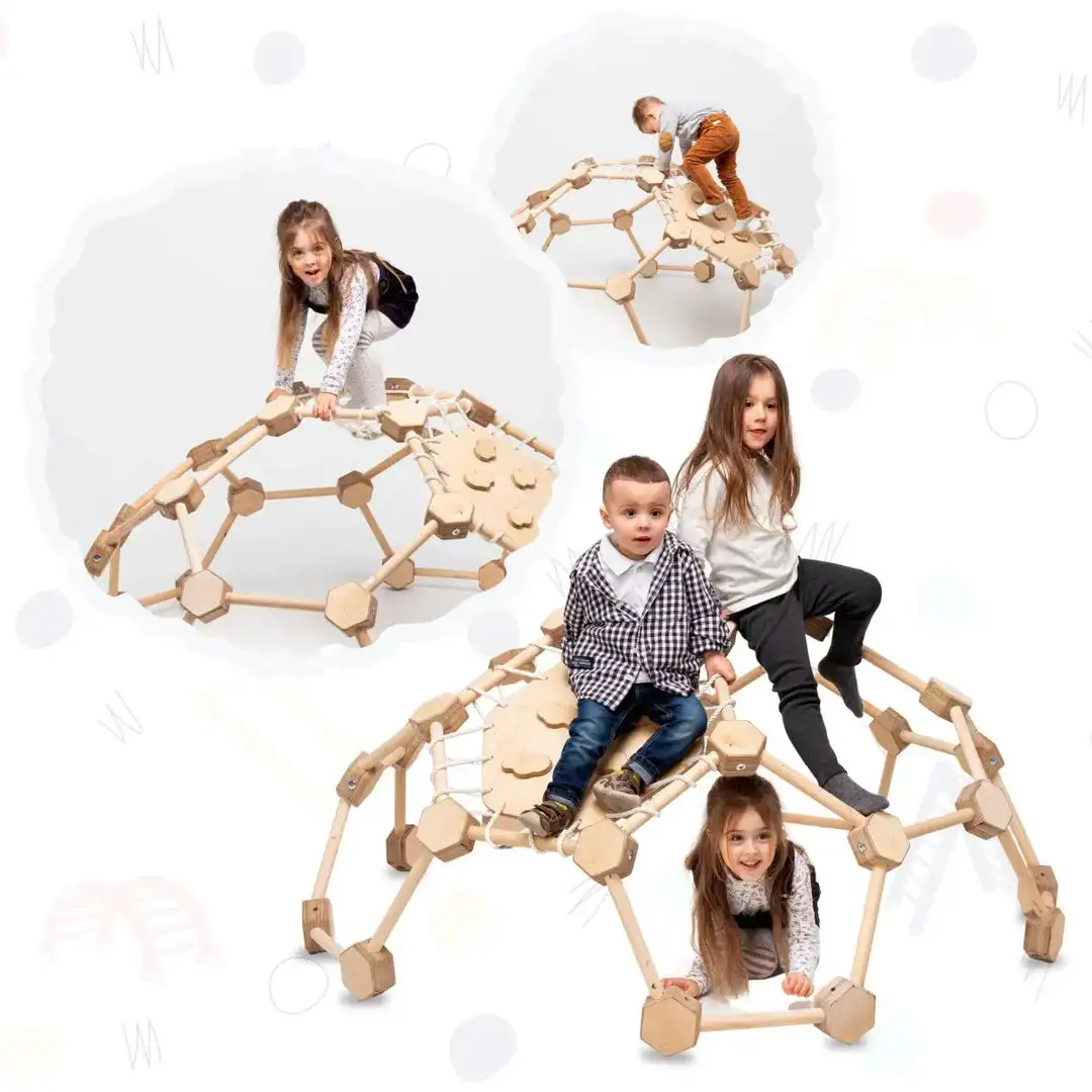Montessori Wooden Climbing dome Frame Slide Set Natural Wood Indoor Playground with Ladder Wall for Bedroom  Application