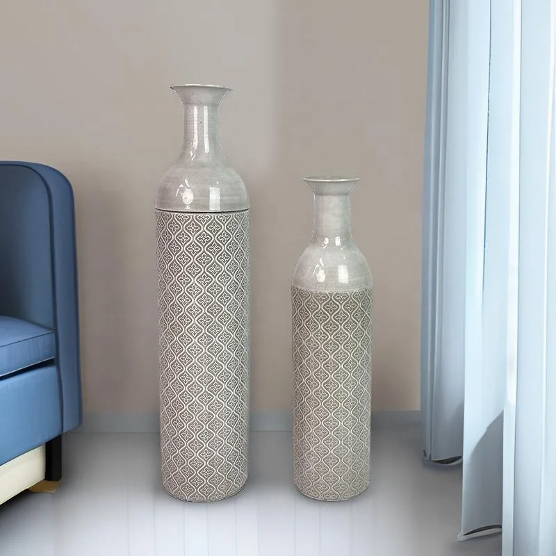 Lander Set of 2 Floor Tall Terra Cotta Texture Metal Flower Vase for Living Room