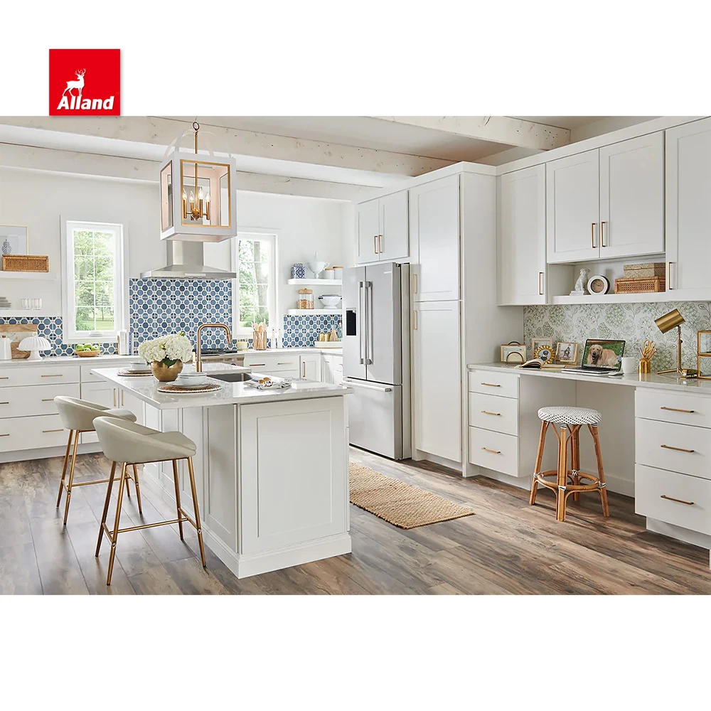 AllandCabinet Customized White Painted Nature Wood Recessed Door Flat Door Kitchen Cabinet with Island Functional Accessories