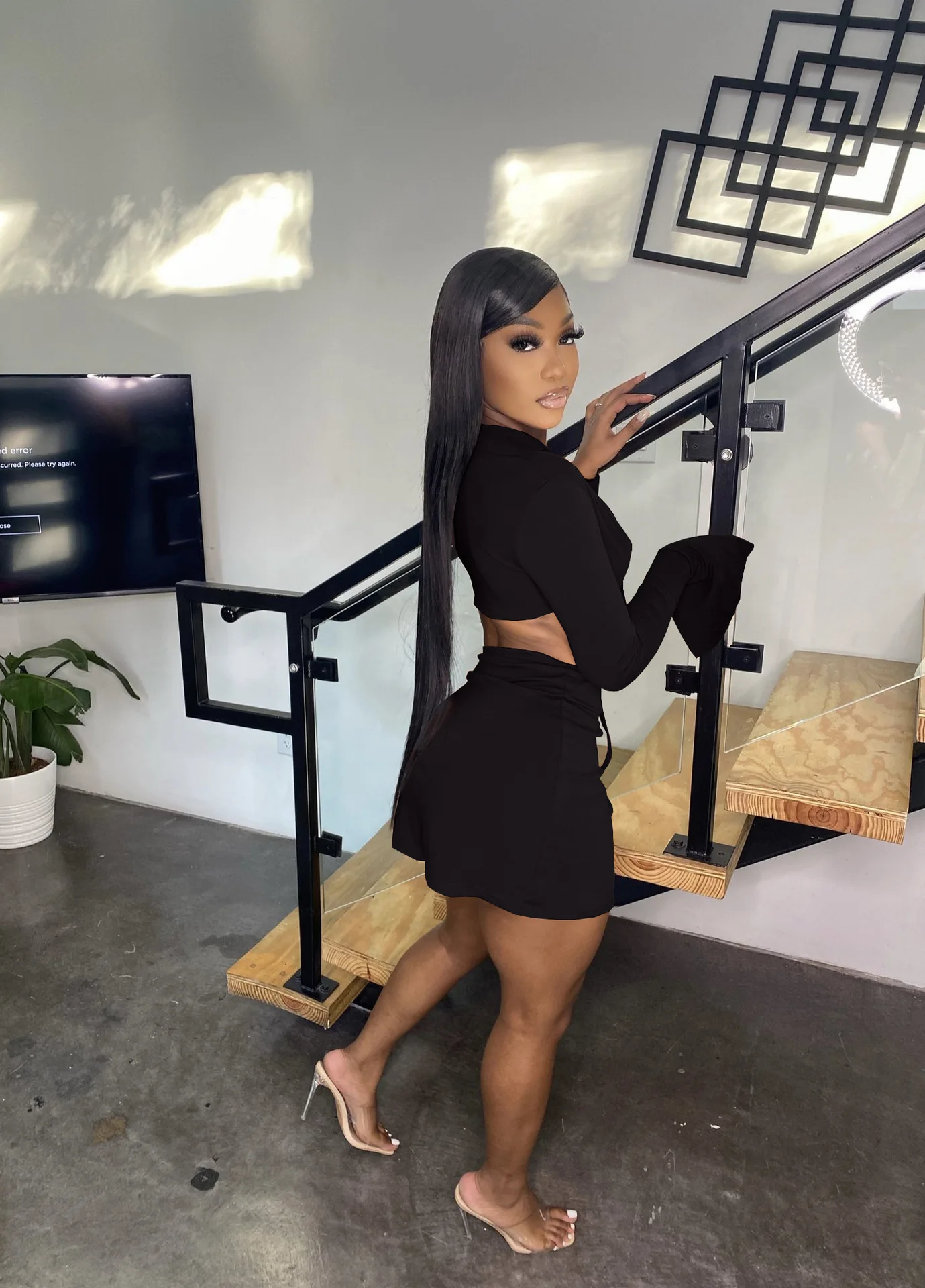 2022 summer new fashion solid color long sleeve cropped top sexy short skirt and shirt set women two piece skirt set