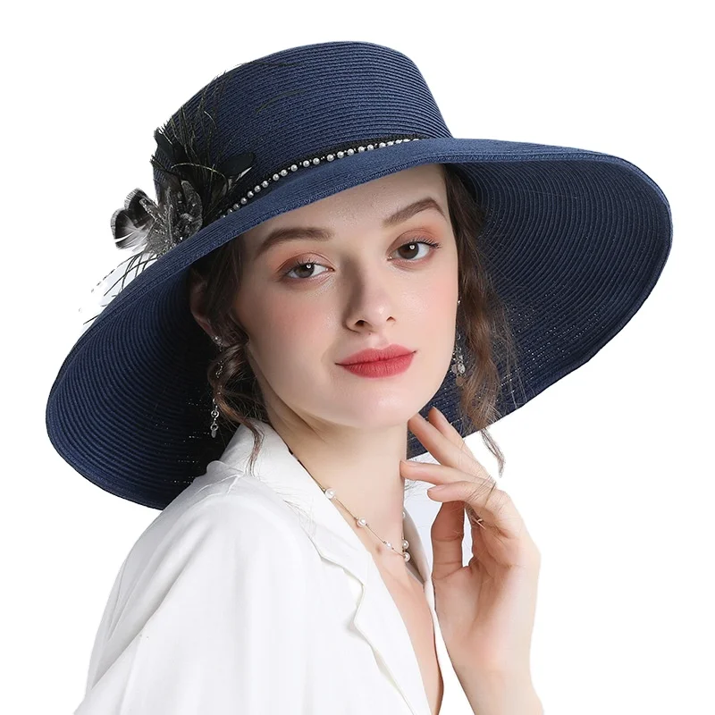 wholesale elegant grace fashion women summer Straw Sun Hat 12cm wide Brim beach cloche church cap with pearl & feather