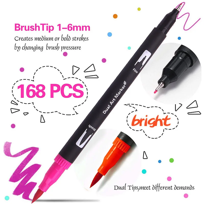 Bview Art 168 Colors Dual Tip Brush Tip Markers Art markers for Artists Coloring Lettering Sketching