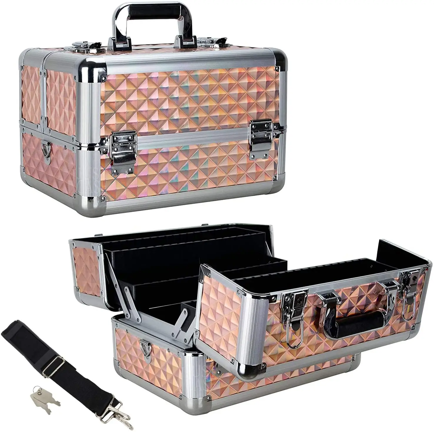 New And Fashion Rose Gold Portable Cosmetic Box Jewelry Organizer Kit Makeup Case Lockable With Keys Expandable Case