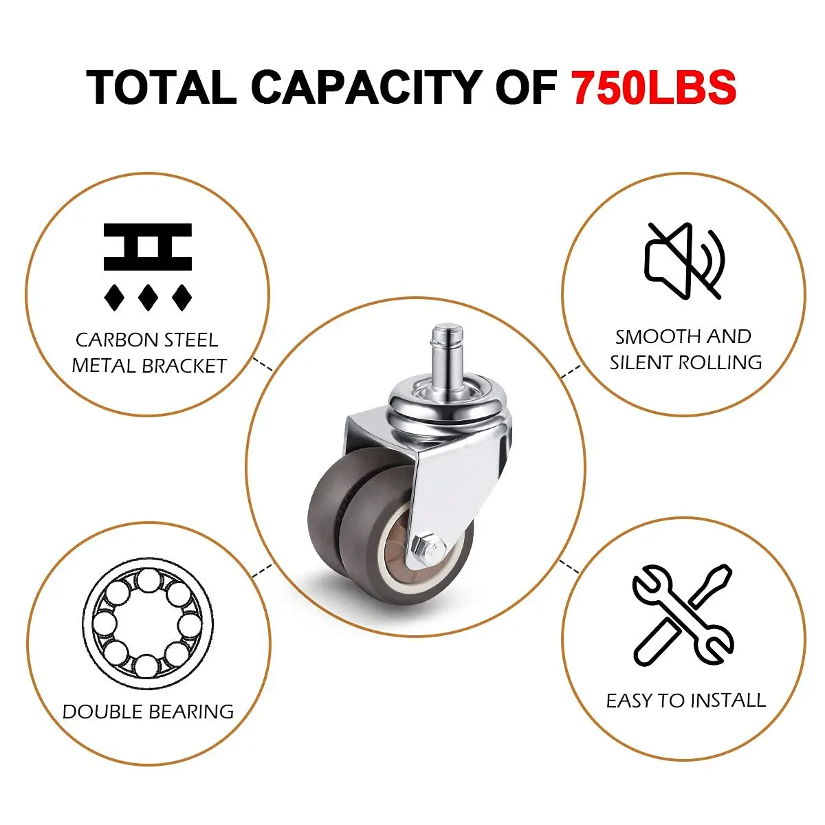 2 inch Office Chair Wheels with Standard Stem Size, Computer Gaming Chair Replacement Double Rubber Casters