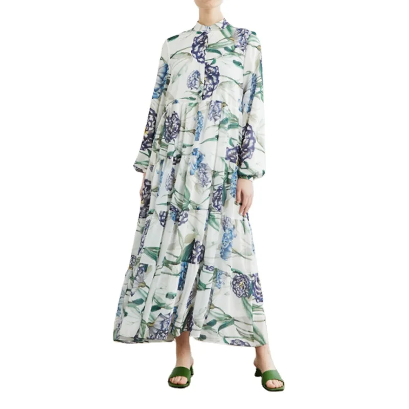Modest Spring Casual Mandarin Collar Long Sleeves Floral Printed High Waist Ruffles Maxi Long Dress For Women