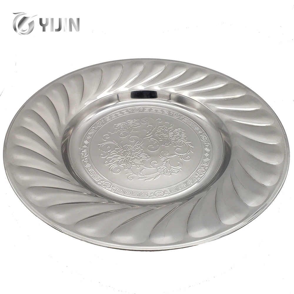 Wholesale price Arab magnolia flower pattern round dinner food plate stainless steel serving tray