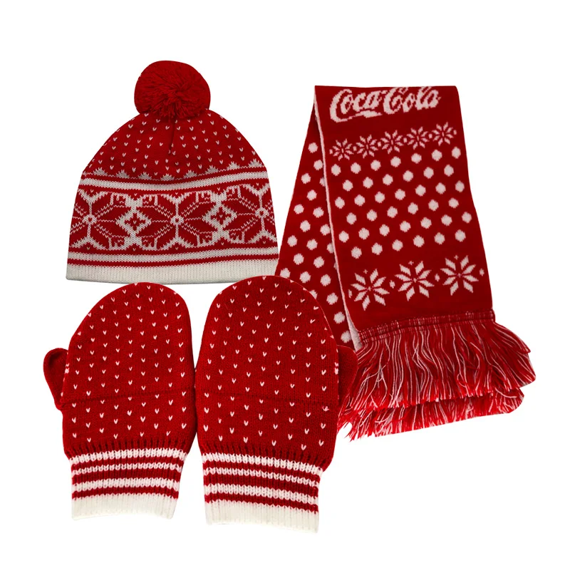 christmas red winter knitting snow logo  ladies caps for womens hat and scarf gloves set