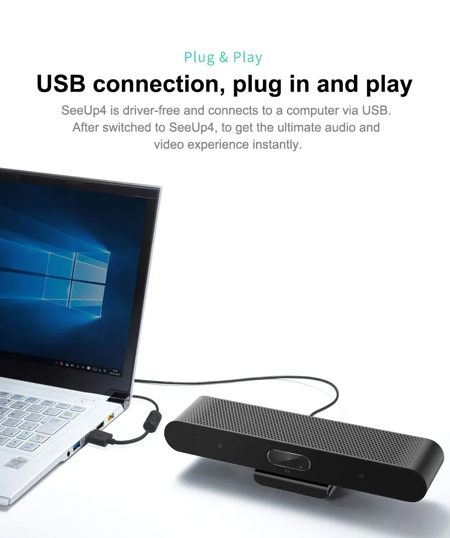 SEEUP 4 4K camera connects to a computer or laptop via USB for easy installation and plug-and-play video conferencing