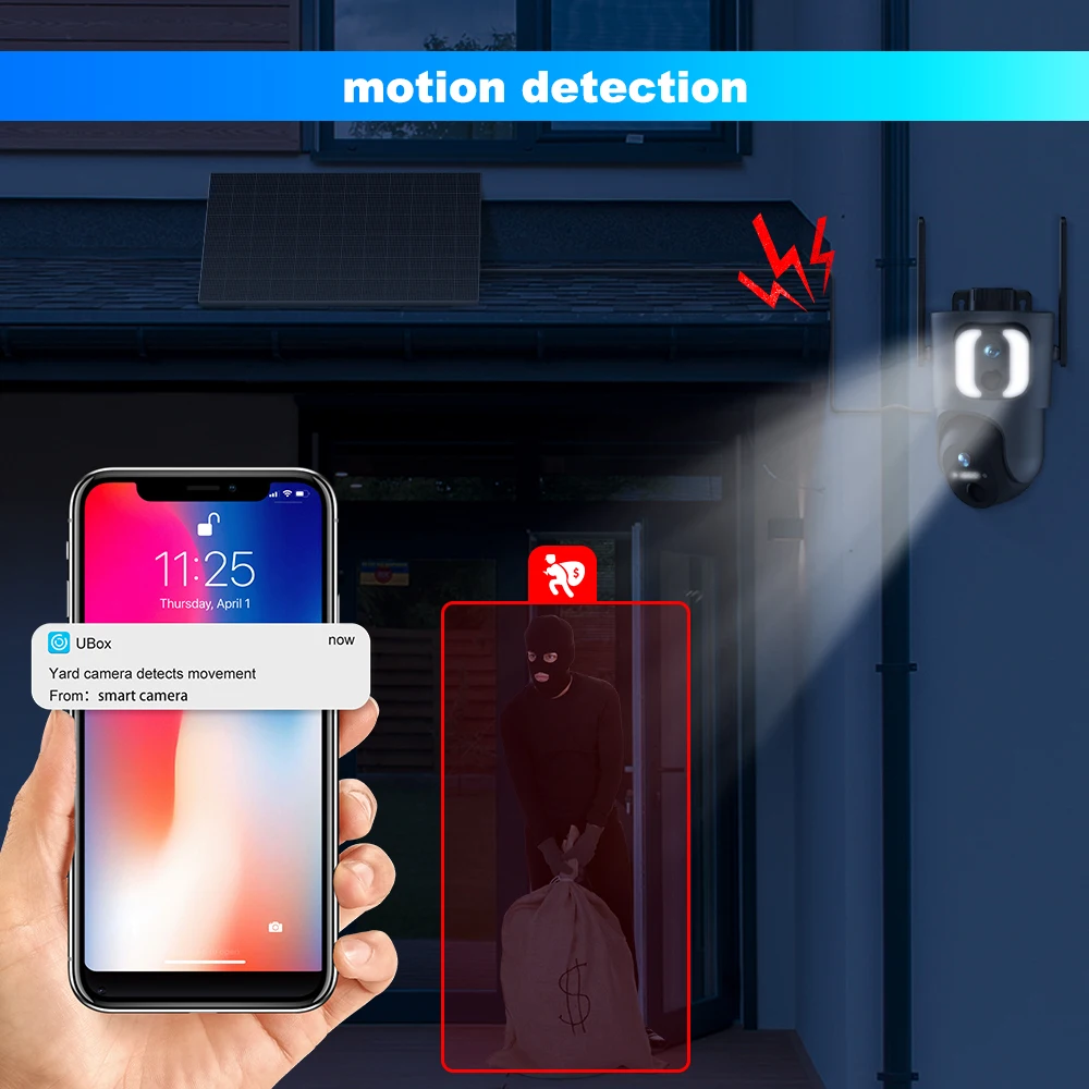 2K Ubox JP 4G LTE Cellular Siren Alarm Motion Detection IR Night Vision 15000mAh 6W Solar Dual Lens PTZ Surveillance PTZ Camera