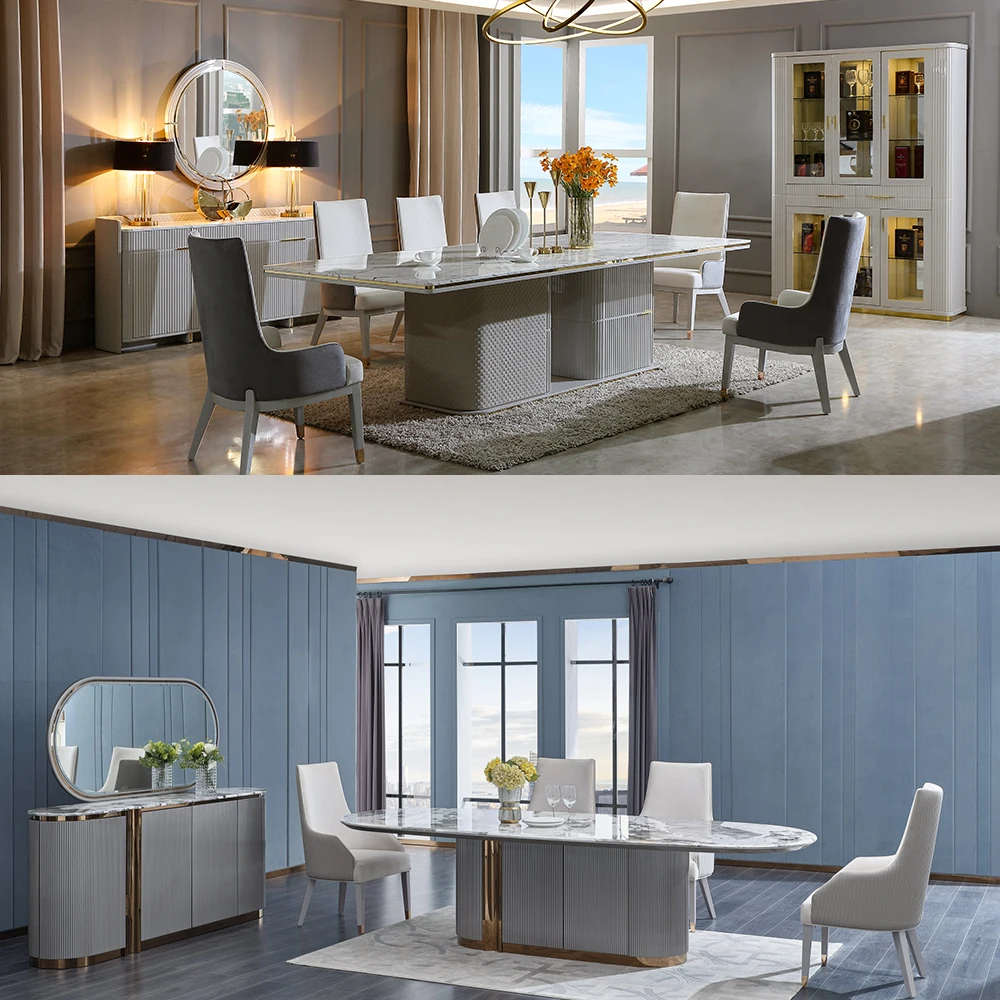 Modern Luxury Design Dining Room Table  Rectangle Shape Table 8 Chairs Dining Table Set Stainless Dining Room Furniture Set