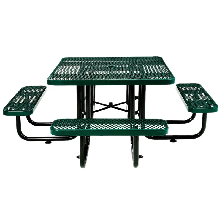 outdoor patio furniture steel picnic table with attached benches outside restaurant event dining set metal table chair with hole