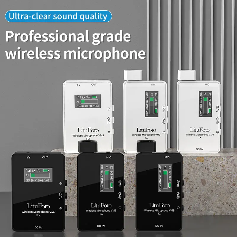 LituFoto Condenser Microphone Wireless Lavalier Monitor Microphone VM9 with Transmitter and Receiver