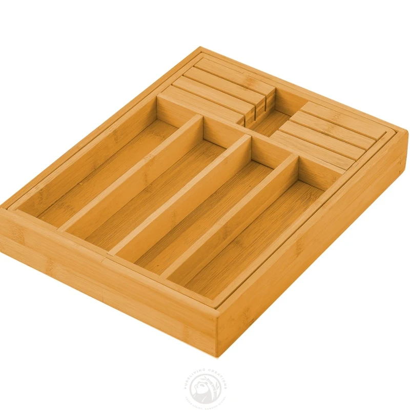 Adjustable Design Natural with Knife Holder Bamboo silverware organizer - expandable kitchen drawer for Cutlery and Utensil