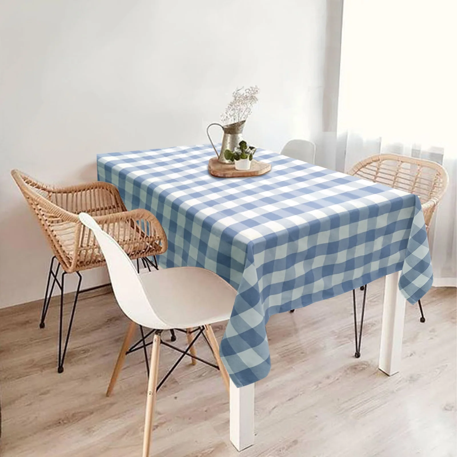 Everyday Table Cover Factory Wholesale Tablecloth White Blue Plaid Table Cloth