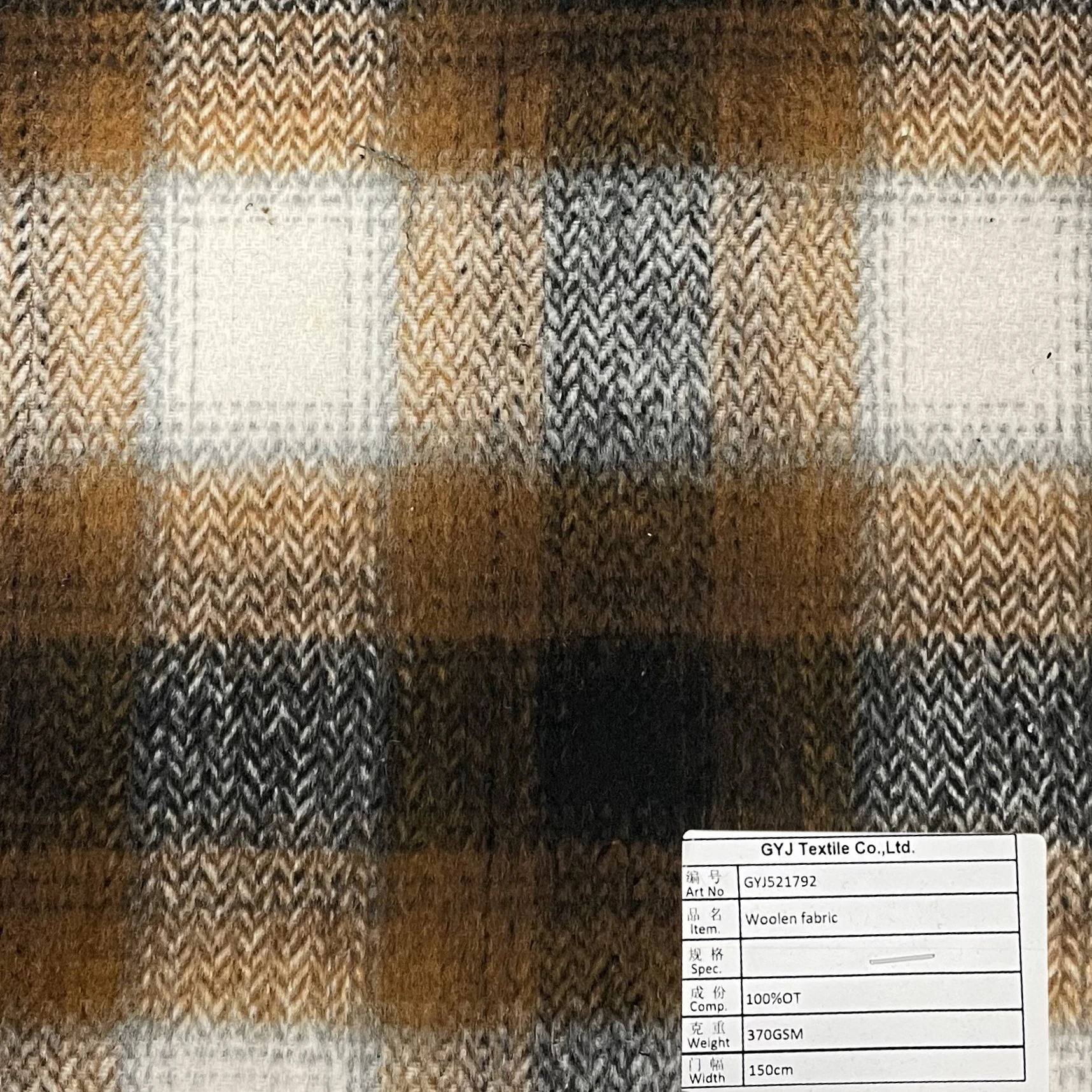 Stock lot wool poly mix 375gsm plaid soft twill acrylic material woolen tweed fabric for winter coat