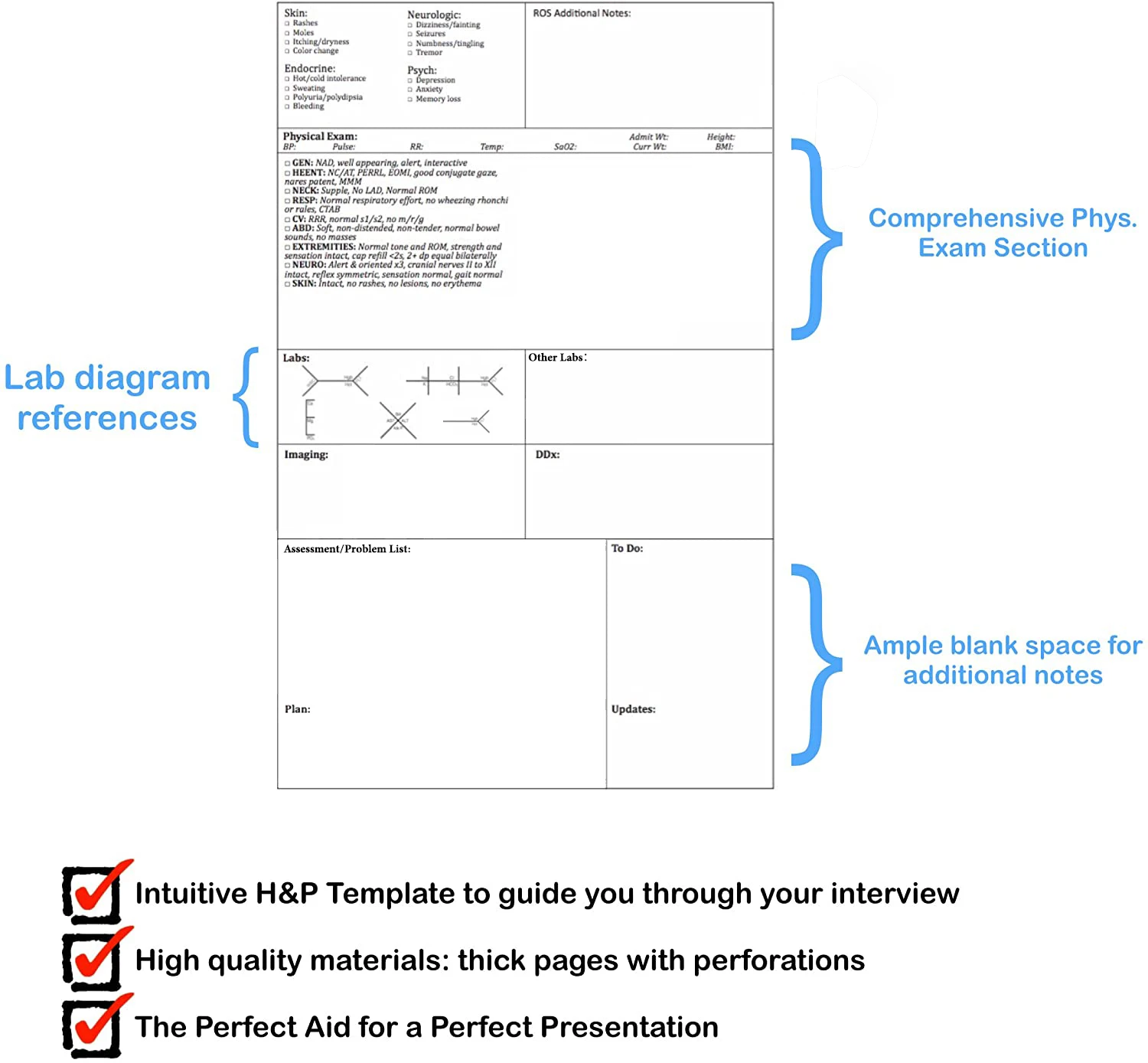 100 Medical templates Notebook Medical History and Physical Notebook  with Perforations