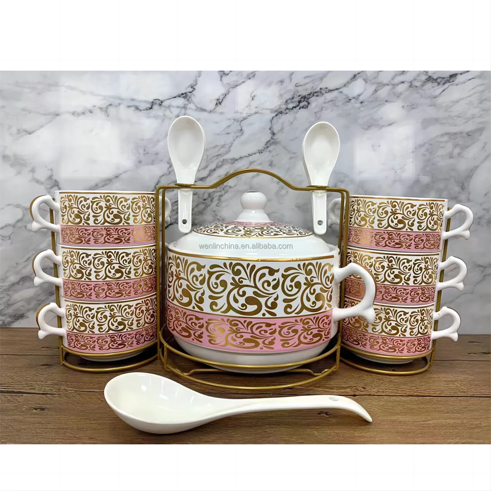 Arabic style Ramadan designs moon star SOUP DINNER set 16pcs tureen pot with soup bowl & big spoon high white quality porcelain