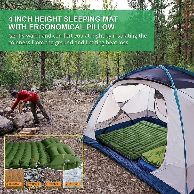 Portable Double Camping Sleeping Pad, Inflatable Camping Pad Foot Press Ultralight 2 Person Camping Mat with Pillow