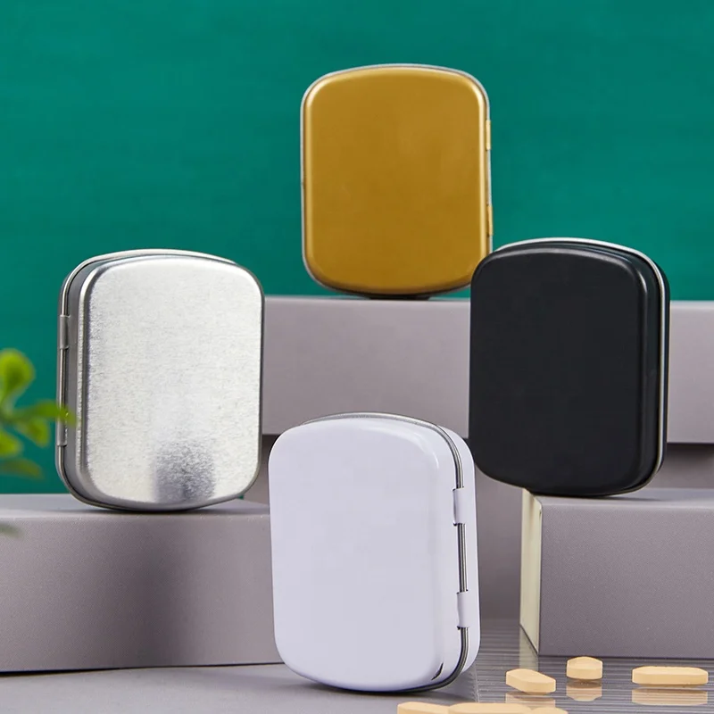 Factory Stock Custom High Quality Food Grade Black Gold Silver Candy Storage Medicine Travel Dispenser Metal Tin Box With Hinge