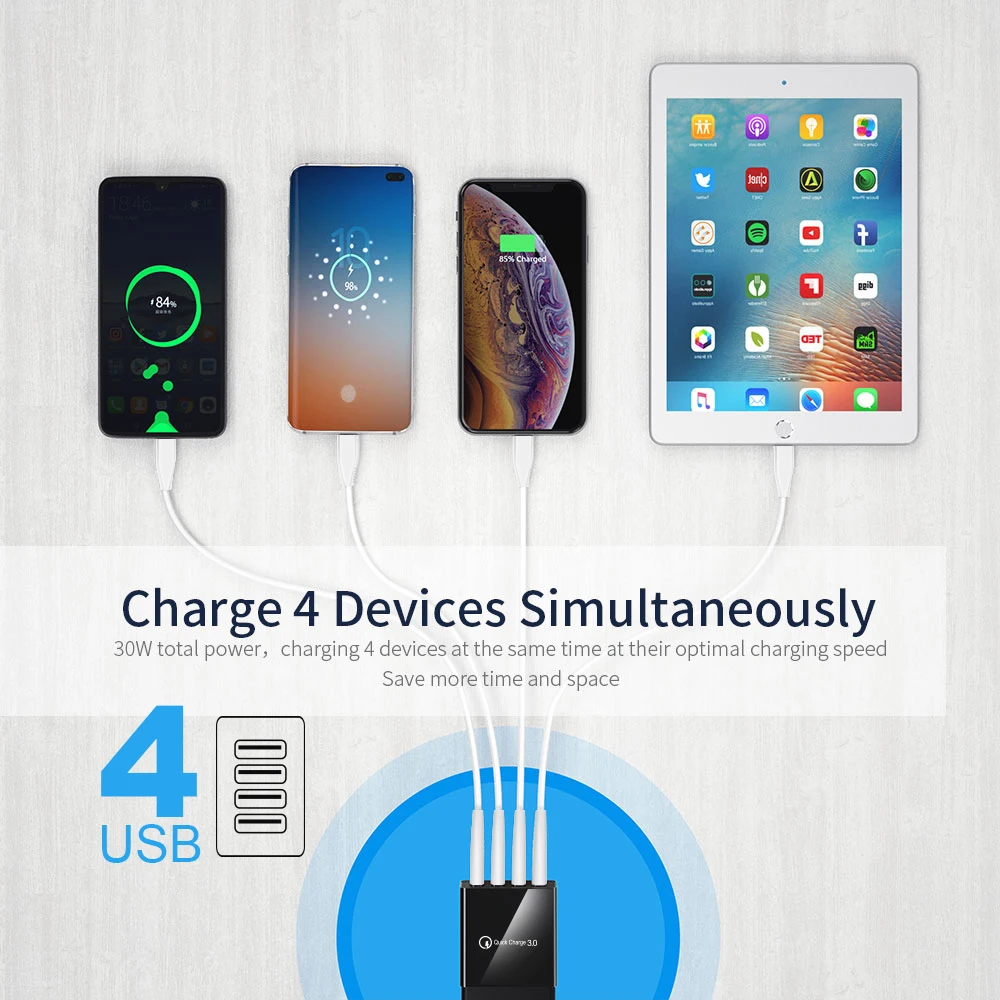 EU/US/UK Plug 3.1A 4 Port USB Wall Charger QC 3.0 Travel Charger Adapter