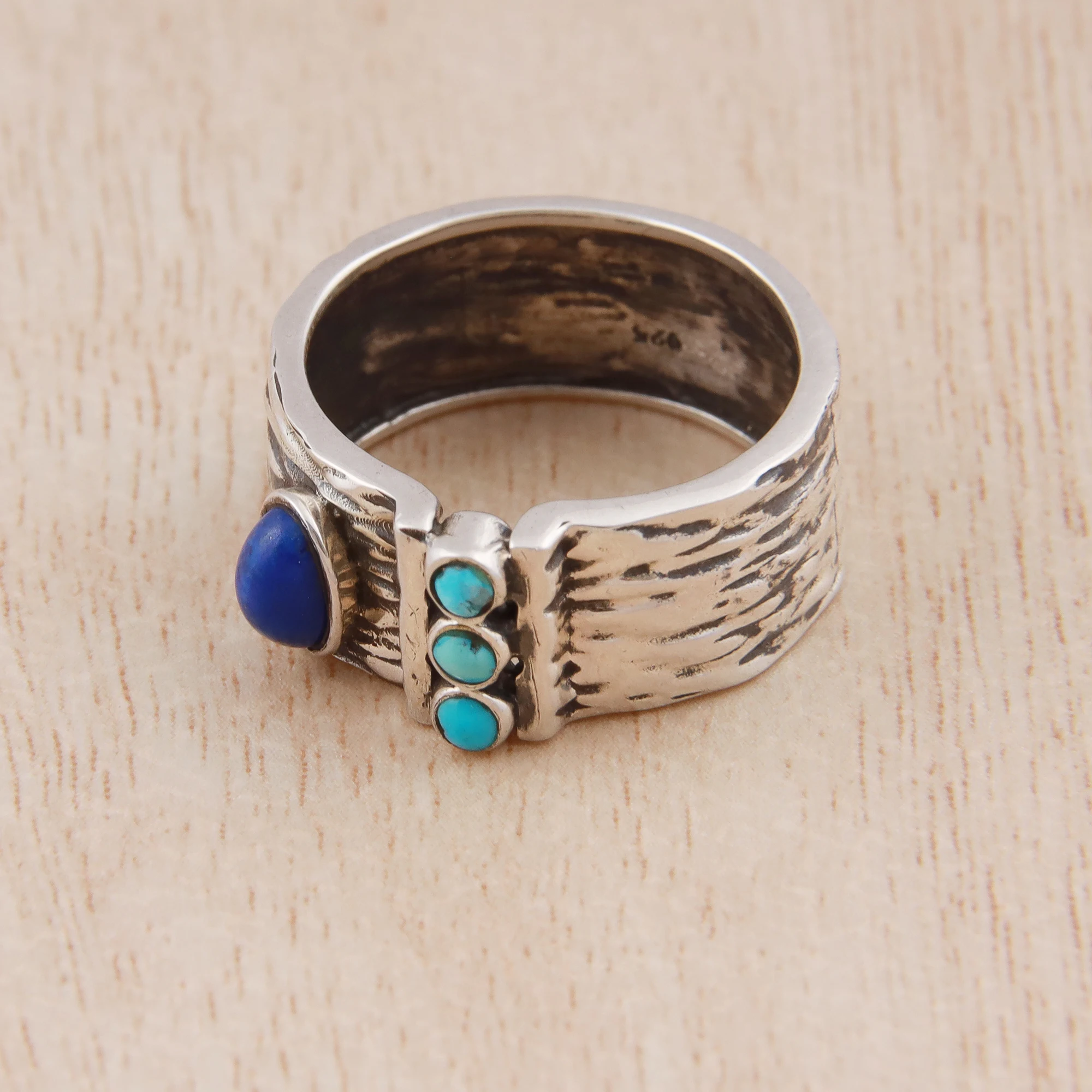 Best Selling 925 Sterling Silver Fine Jewelry Beautiful Hand Carved Turquoise Lapis Lazuli Ring with Diamond in Bulk Supply