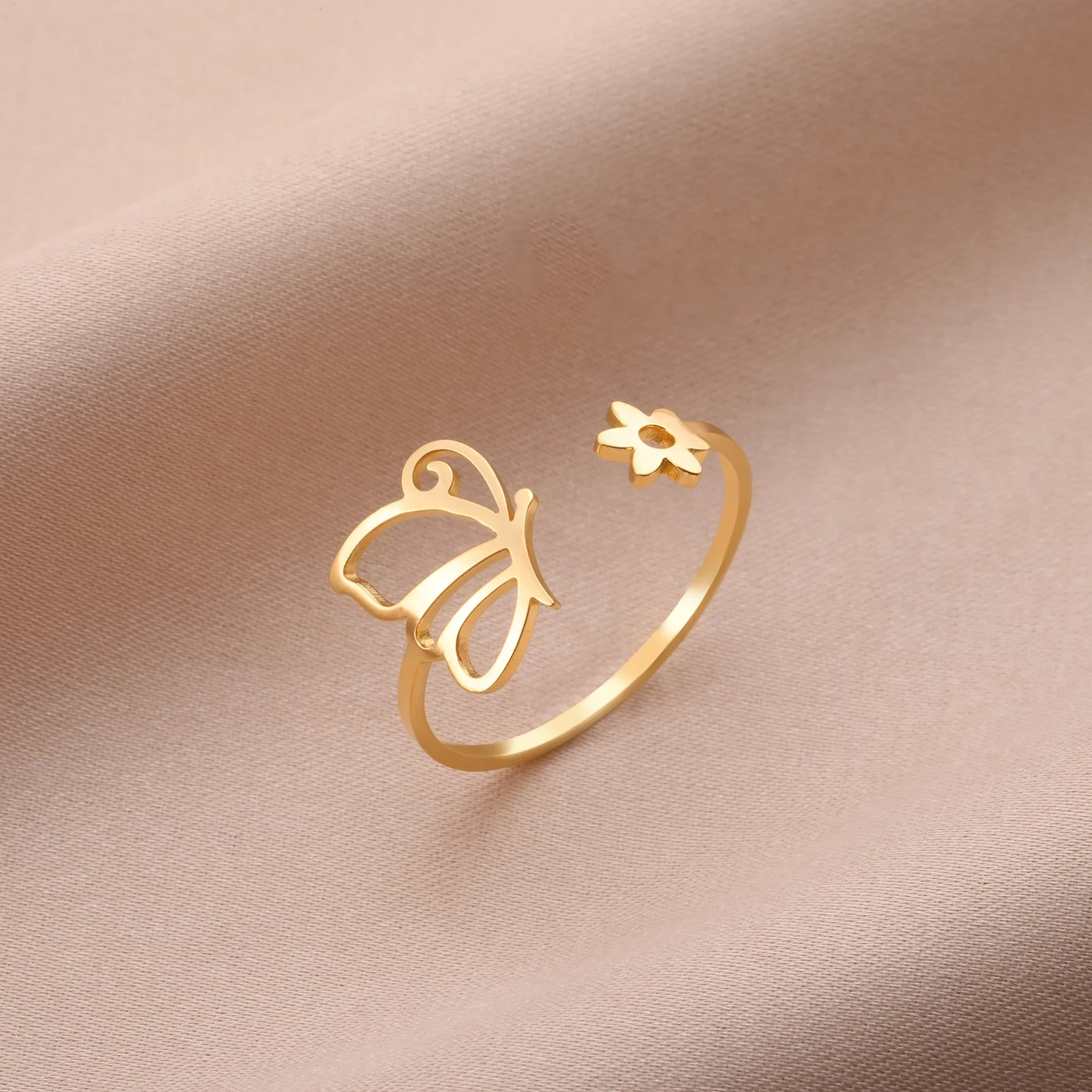 Butterfly And Flower Open Rings for Women Fashion Insect Adjustable Ring Stainless Steel Jewelry Birthday Party Gifts