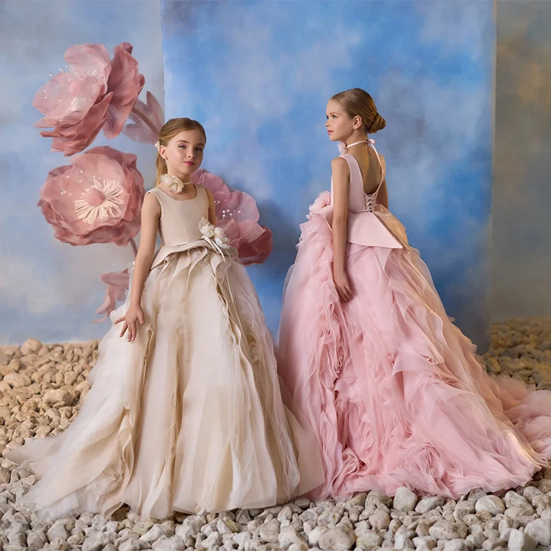 Solid Color Custom Ruffle Flowers Sleeveless Irregular Kids Luxury Flower Girls Dresses Birthday Party Princess Dress For Girl