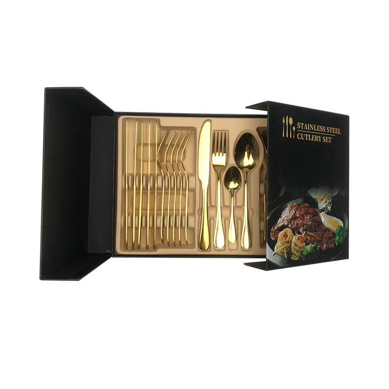Stainless Steel Cutlery Set Knife Fork Spoon 24 Pieces Flatware Wedding Black Cutlery Gift Box