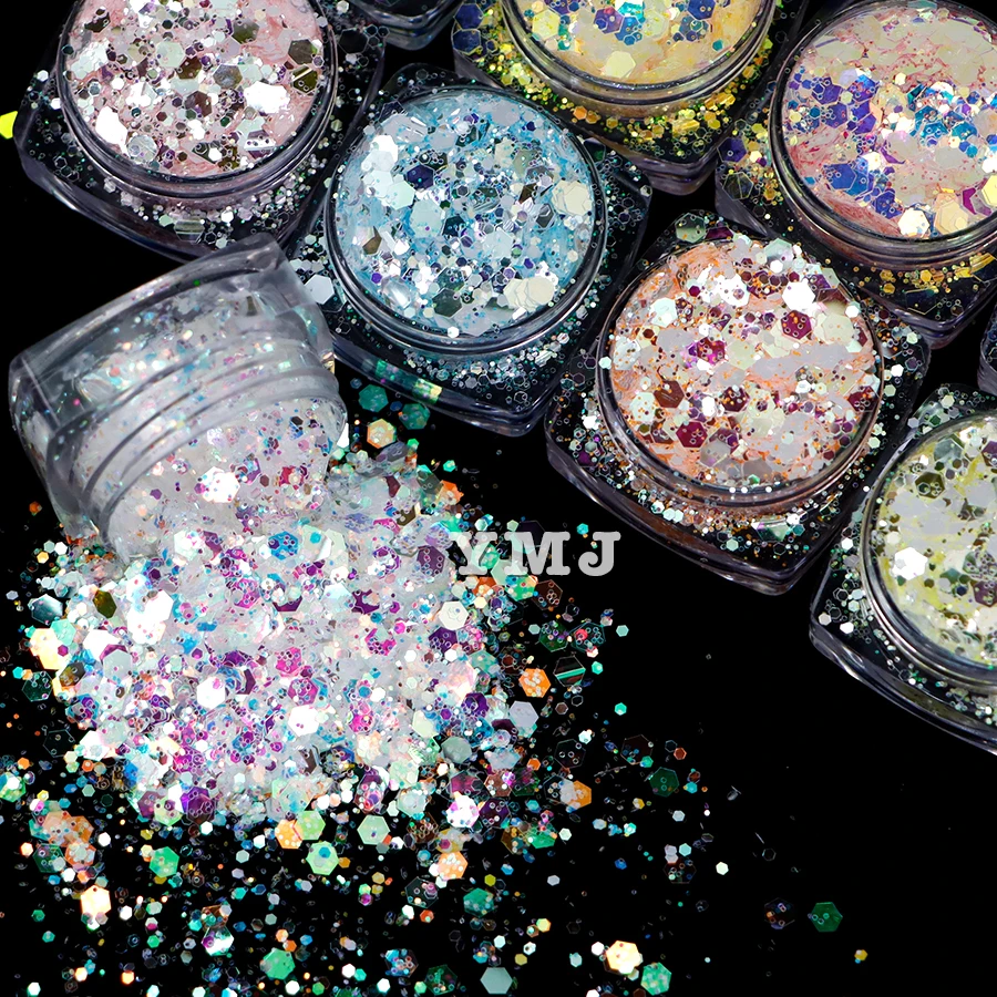 12 Colors Blingbling Super Shiny 1Kg/Bag White Color Shifting Iridescent Chunky Glitter Mix Bulk