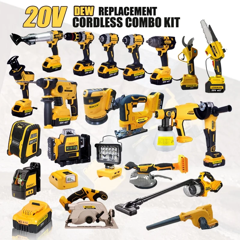 EKIIV 20v 8PCS Brushless Lithium-ion Cordless Drills Cordless Screwdriver Hammer Drill Impact Driver cordless power tool combo