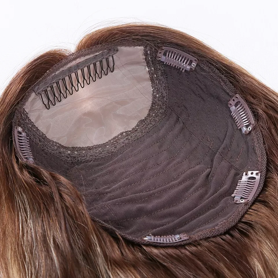 16Inch Skin Base Virgin Human Hair Blonde Highlighted Topper With 5 Clips In Silk Top