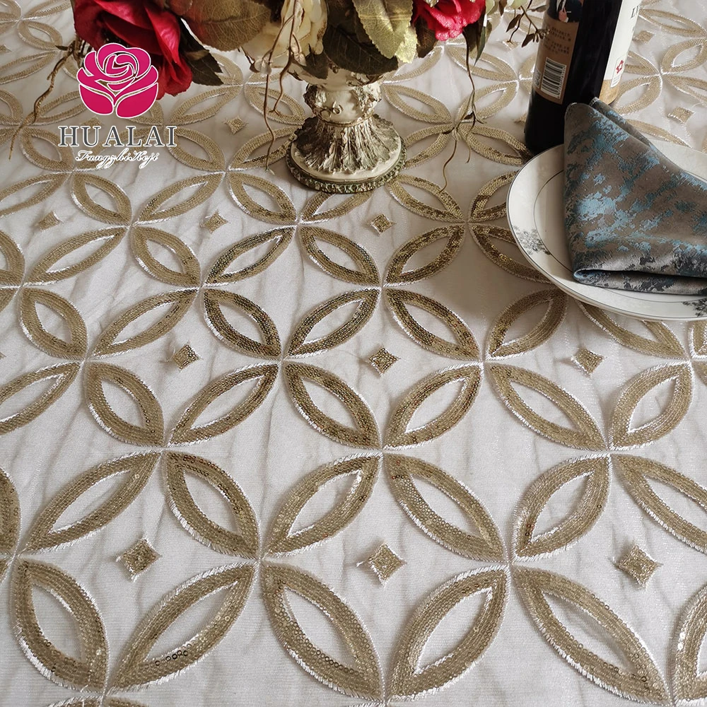 ES3PT028-Light Gold Sequin Shimmer On Tulle Lace Embroidered Table Cloth Overlay For Wedding Party Event 132 90 by 156