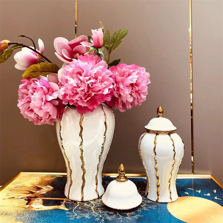 European Gold Ginger Jar Home Decor Tabletop Porcelain Jar Luxury Ceramic Flower Vase