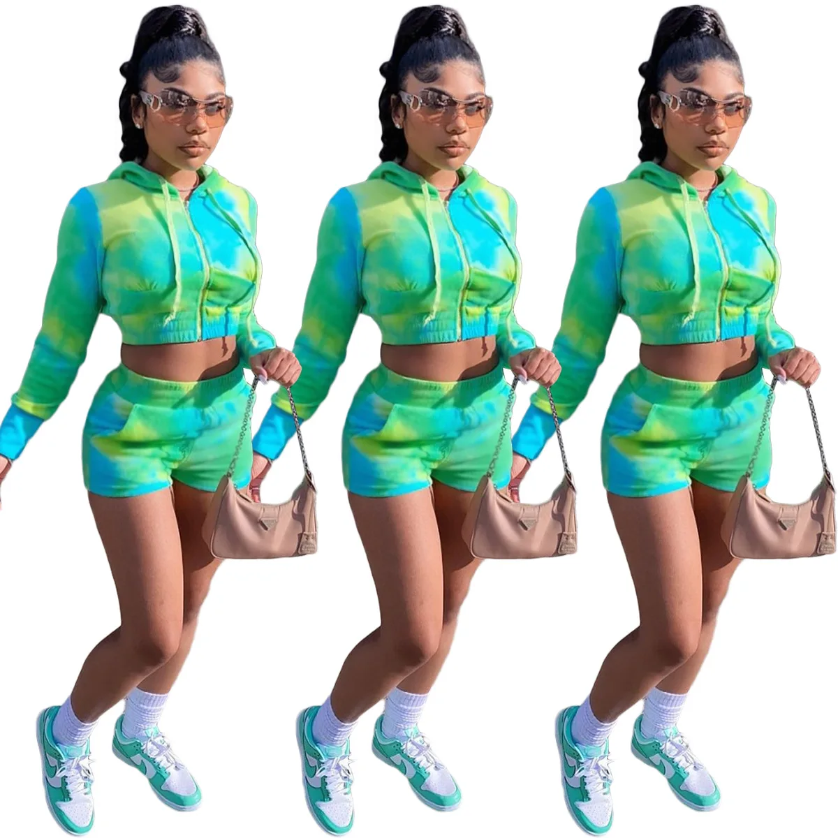 Женские костюмы 2021, укороченная толстовка с капюшоном и обтягивающие шорты, комплект из 2 предметов, спортивные костюмы с карманами