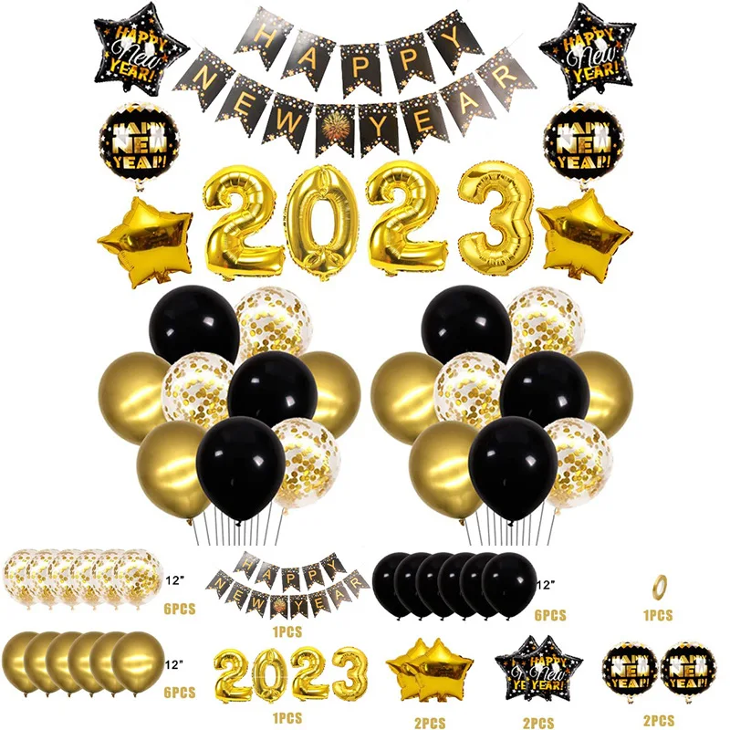 2023 Happy New Year Party Balloons sets Balloon Banner-Black and Gold Star Champagne Mylar Foil Party Supplies