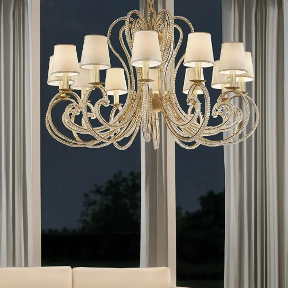Home decor indoor lighting metal pendant lamps hotel project fabric shade crystal chandelier