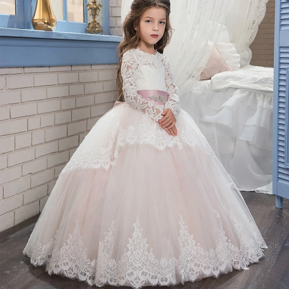 Full-length Double Lace Long Sleeve Winter Prom Little Bride Flower Girl Wedding Dress Princess Dresses For Kids