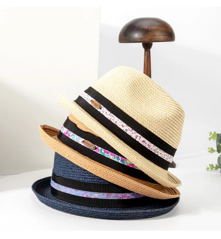 Panama Short Brim Trilby sun visor hat Summer outdoor Roll Up Beach Sun Caps Flower Ribbon Fedora casual retro Straw Hat for Men