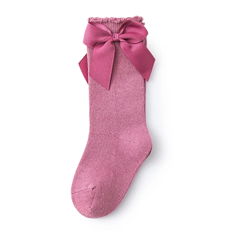 Ivy42302A 2024 Spring new colors 0-8 years girls kids solid color cotton bow socks toddlers girl knee high satin bow sock
