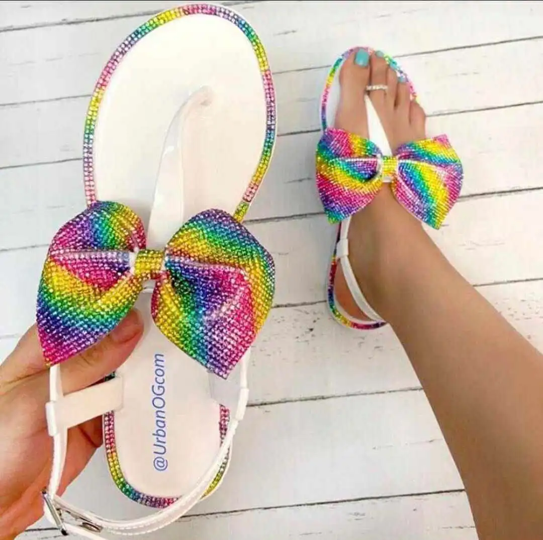 woman flip flops bling shoes china comfortable bow slip on ankle strap flats sandals for womens