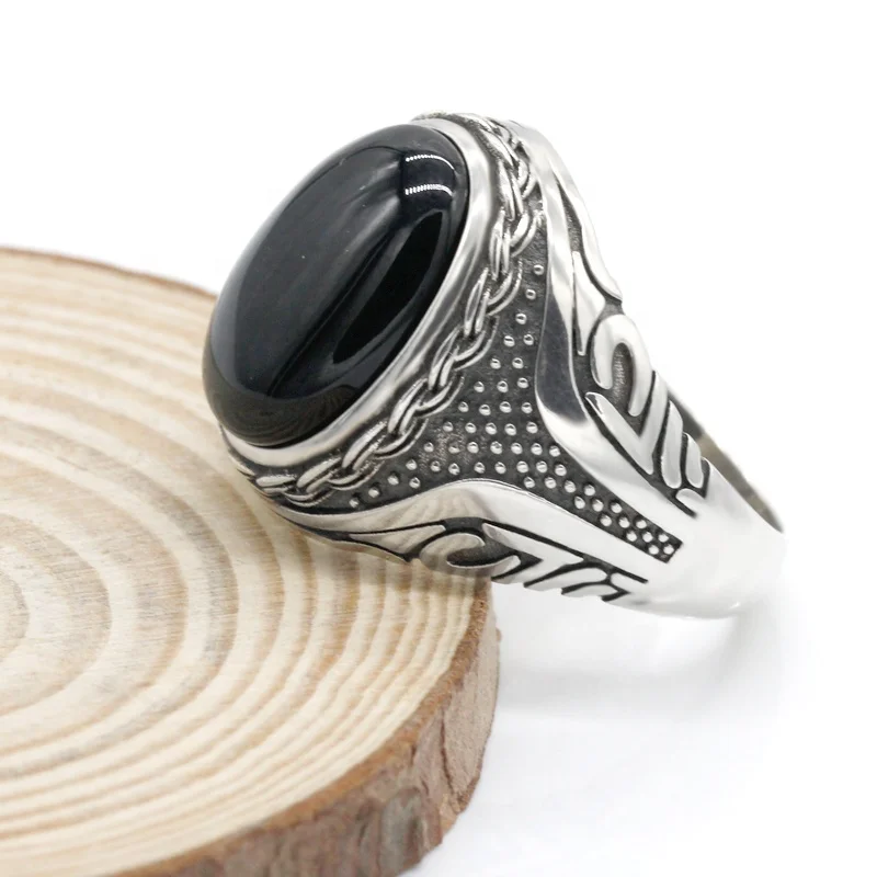 Arabic S925 Sterling Silver Men Ring with Black Agate Stone for Man Rings Jewelry