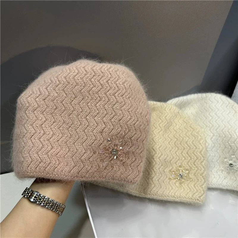 Diamond Flower Rabbit Hair Fashion Double Layer Thickened Knitted Hat Warm Wool Beanie