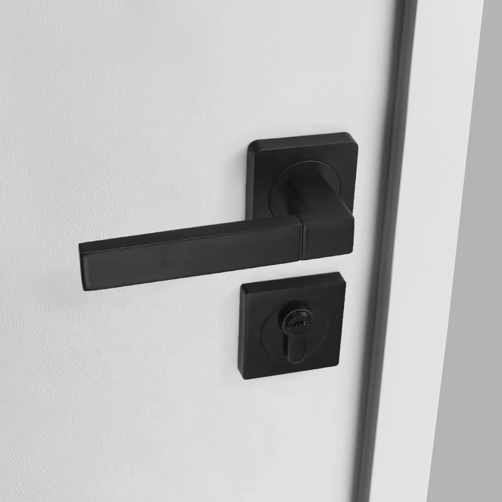 Yonfia A8230R10 Modern square Solid Black Aluminium Lever Door Handle Home Toilet Interior Lever Door Lock Handle for Wood Door
