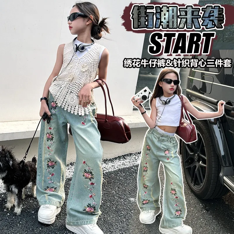 New fashion teen Girls Clothing set solid vest T-shirt + tulle lace blouse + floral embroidery jeans pants clothing set for kids