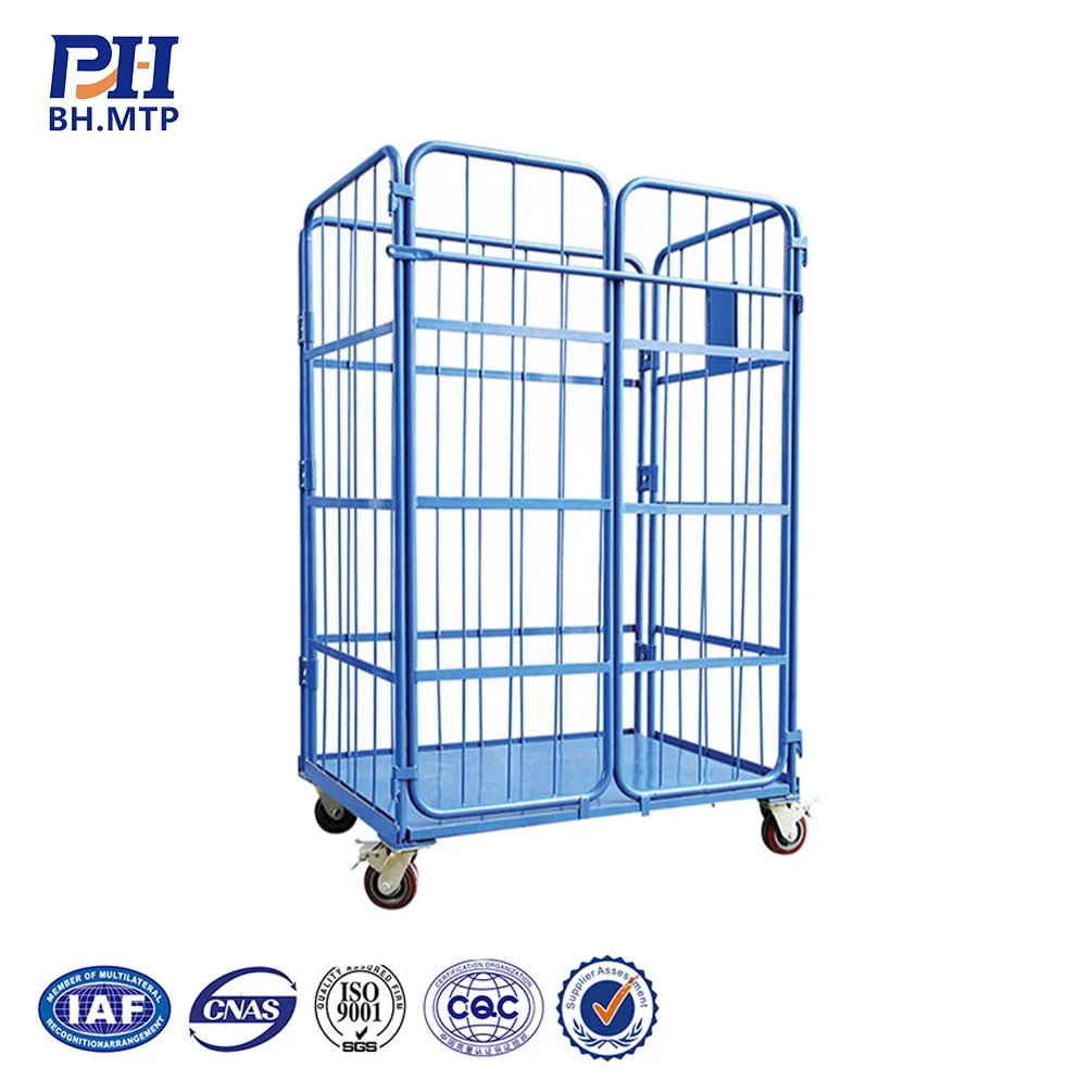 Customized Design 4 Sided Galvanized Security Metal Nesting Warehouse Storage Steel Wire Mesh Roller Cage Trolley
