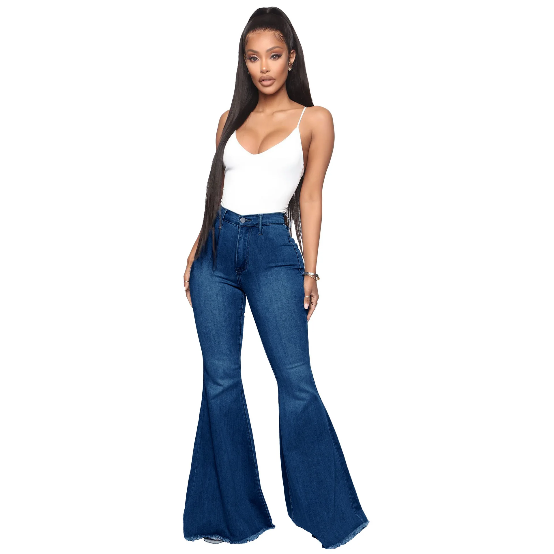 High Waist Slim Fit Stretch Plus Size Stacked Denim Flared Bell Bottom Jeans Pants Women flared boot cut jeans for women