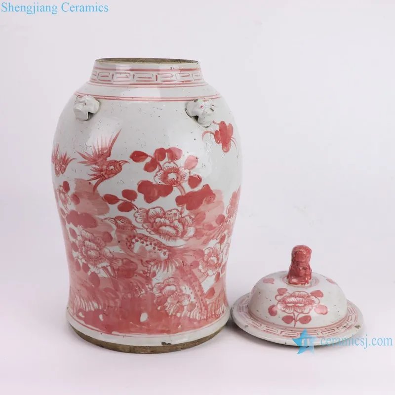 RZEY1218A-RED-S-L Jingdezhen Red and White Hand painted Flower and Bird with Lion Head  Porcelain Ginger Jar Urns